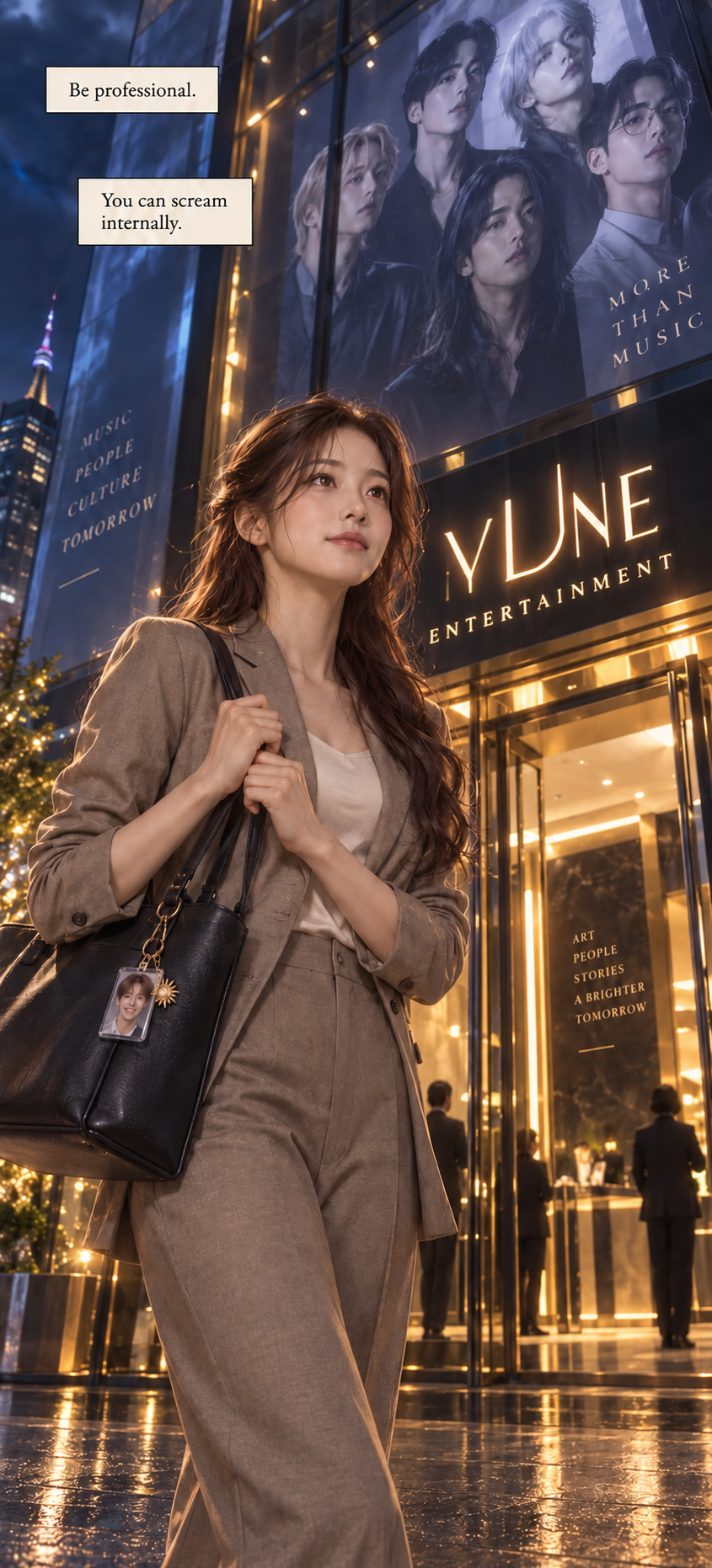 Hana arrives at the glowing agency entrance