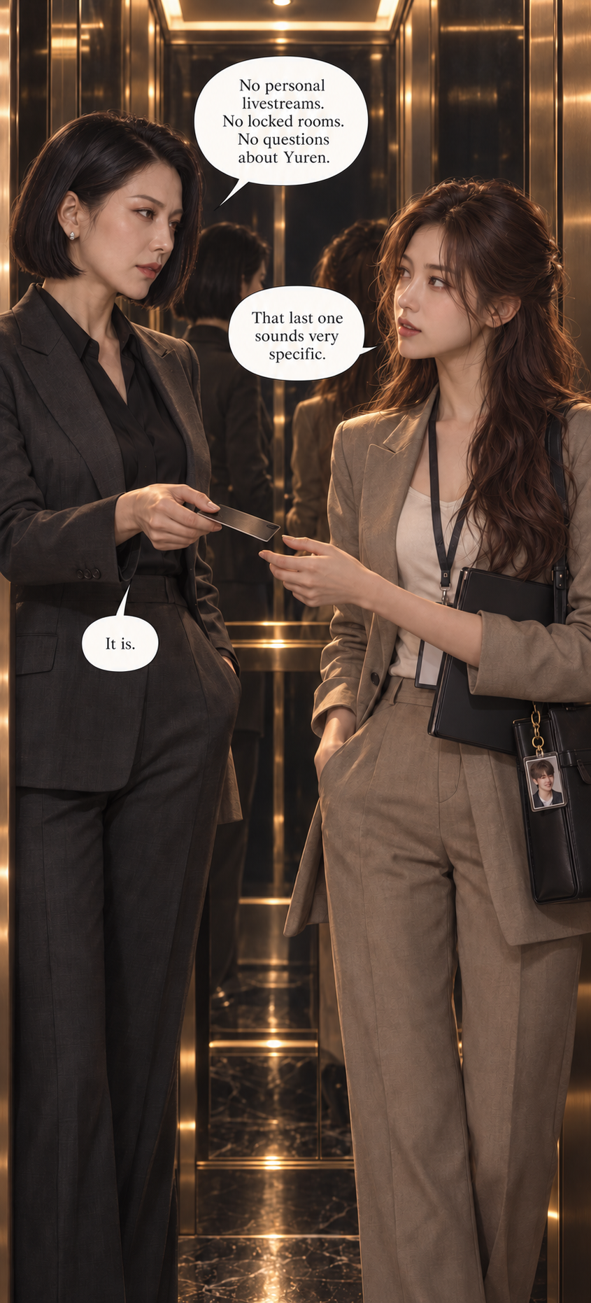 Baek hands Hana an access card and lays out the rules, including no questions about Yuren.