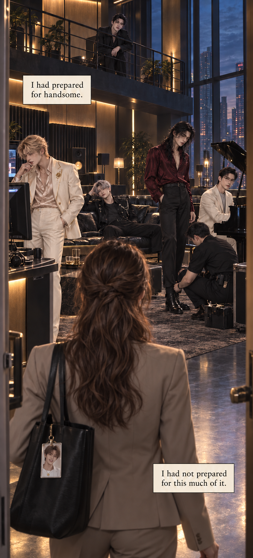 Hana enters the luxurious rehearsal studio and sees PERFECT in person.