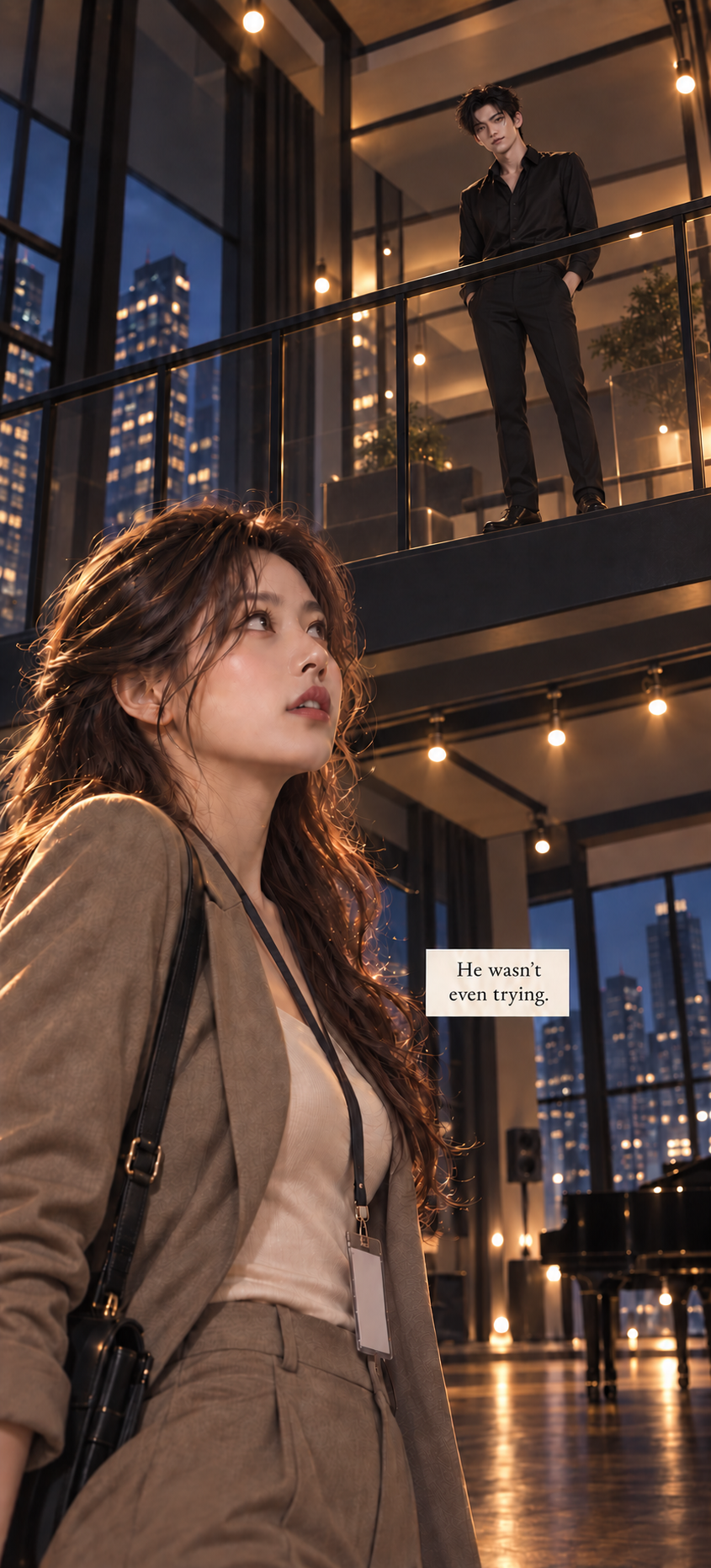 Hana looks up at Seojun on the studio balcony