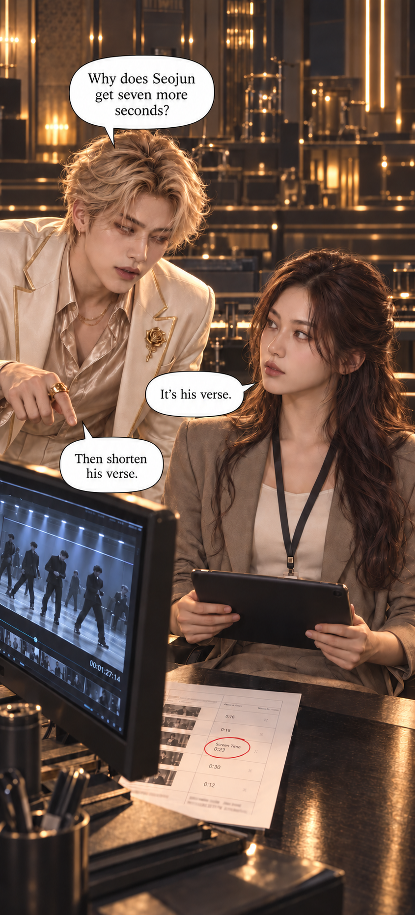 Jaeven complains that Seojun gets seven more seconds on camera. Hana points out that it is his verse.