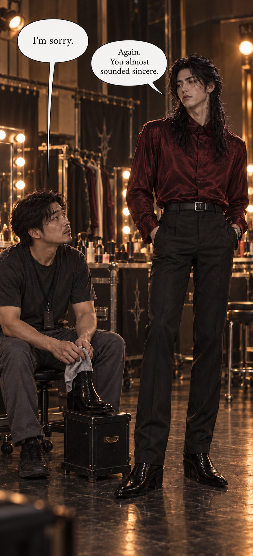 Taeron makes a kneeling stylist repeat his apology for a mark on his boot.