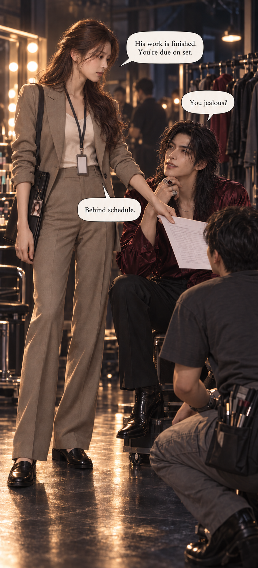 Hana interrupts Taeron with the call sheet. He asks if she is jealous. She replies that they are behind schedule.