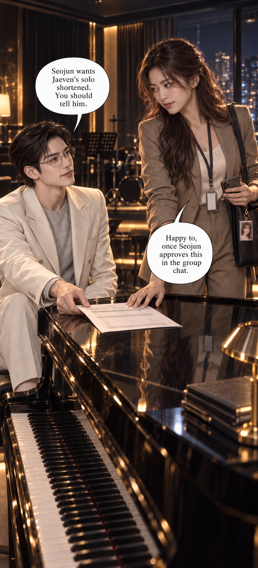 Iwon tries to make Hana deliver an unverified change to Jaeven’s schedule. She asks for Seojun’s approval in the group chat.