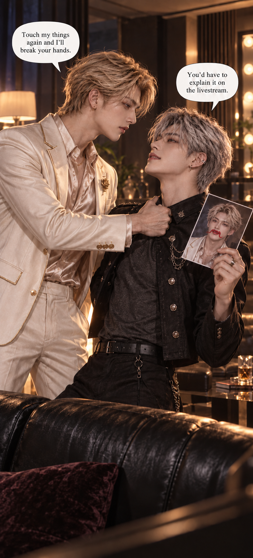 Jaeven grabs Miki by the collar over a defaced photograph. Miki taunts him about explaining it on a livestream.