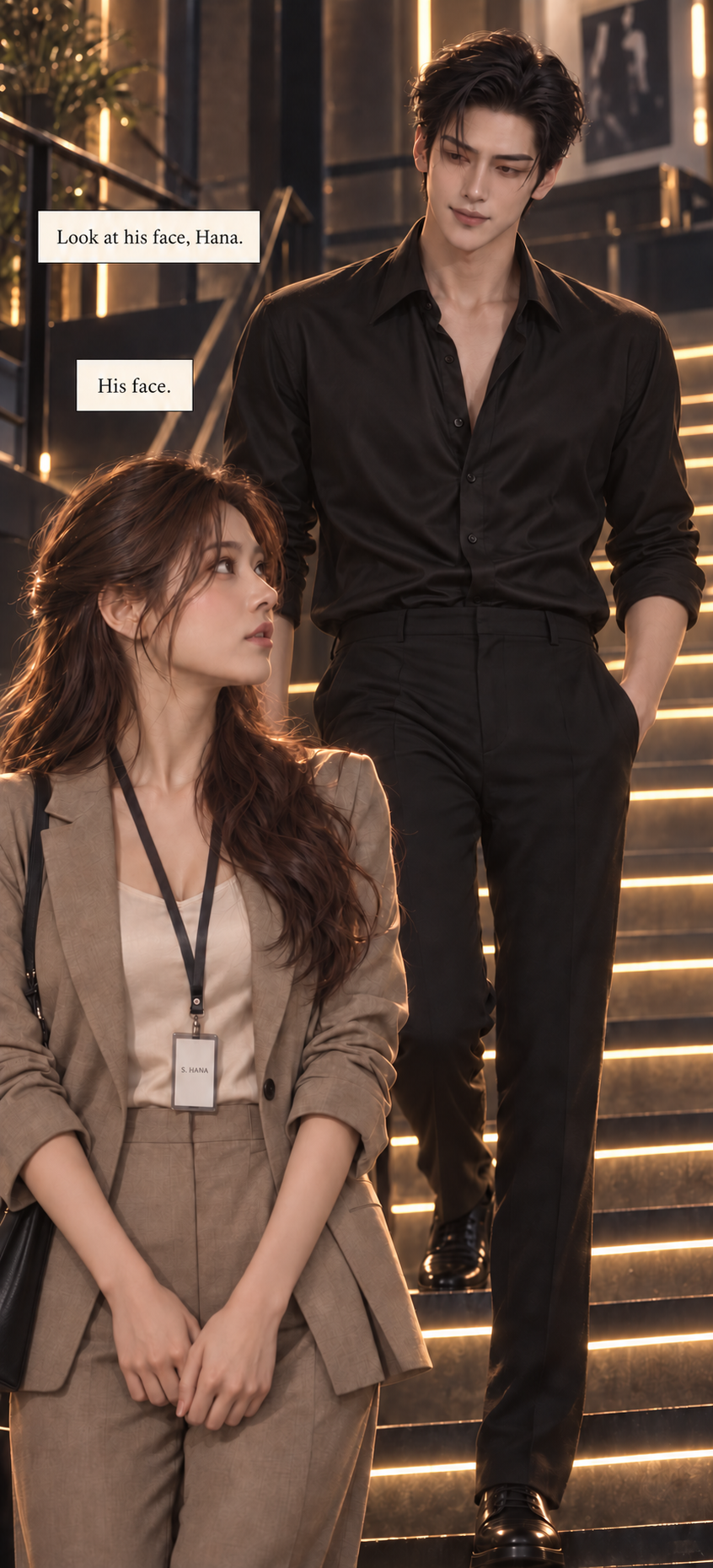 Hana watches as Seojun comes downstairs toward her.