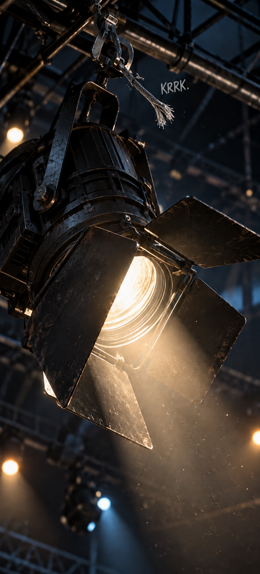 High overhead, a stage light starts to slip from its mounting.