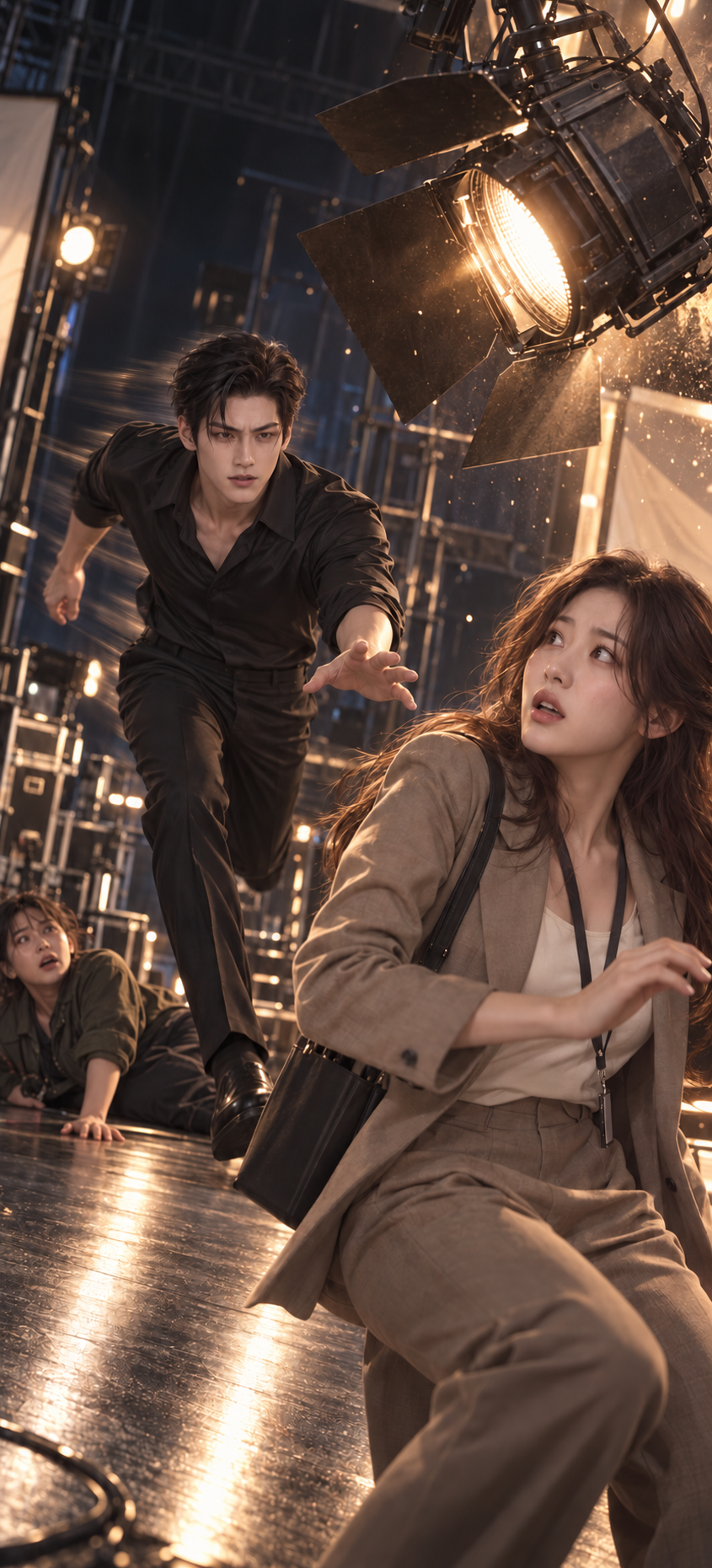 Seojun rushes across the studio toward Hana with impossible speed.