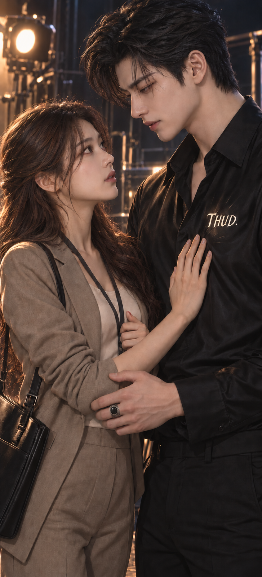 Hana’s hand rests on Seojun’s chest. A heavy heartbeat sounds beneath her palm.