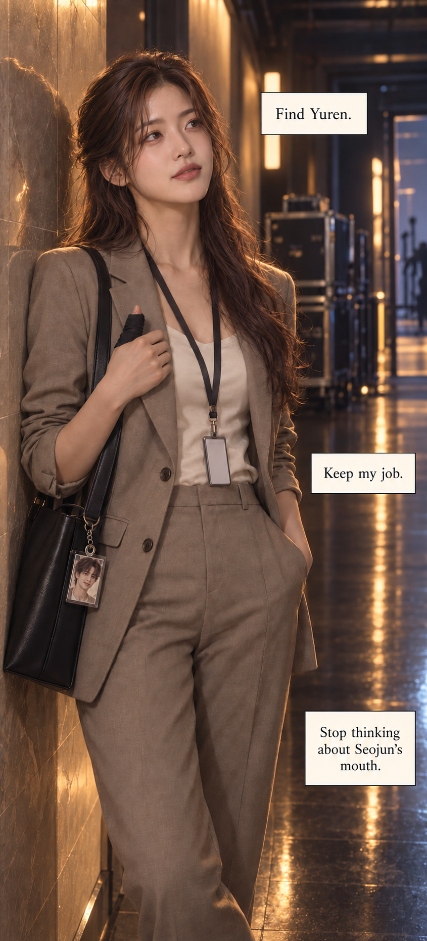 In the corridor, Hana reminds herself to find Yuren, keep her job, and stop thinking about Seojun’s mouth.