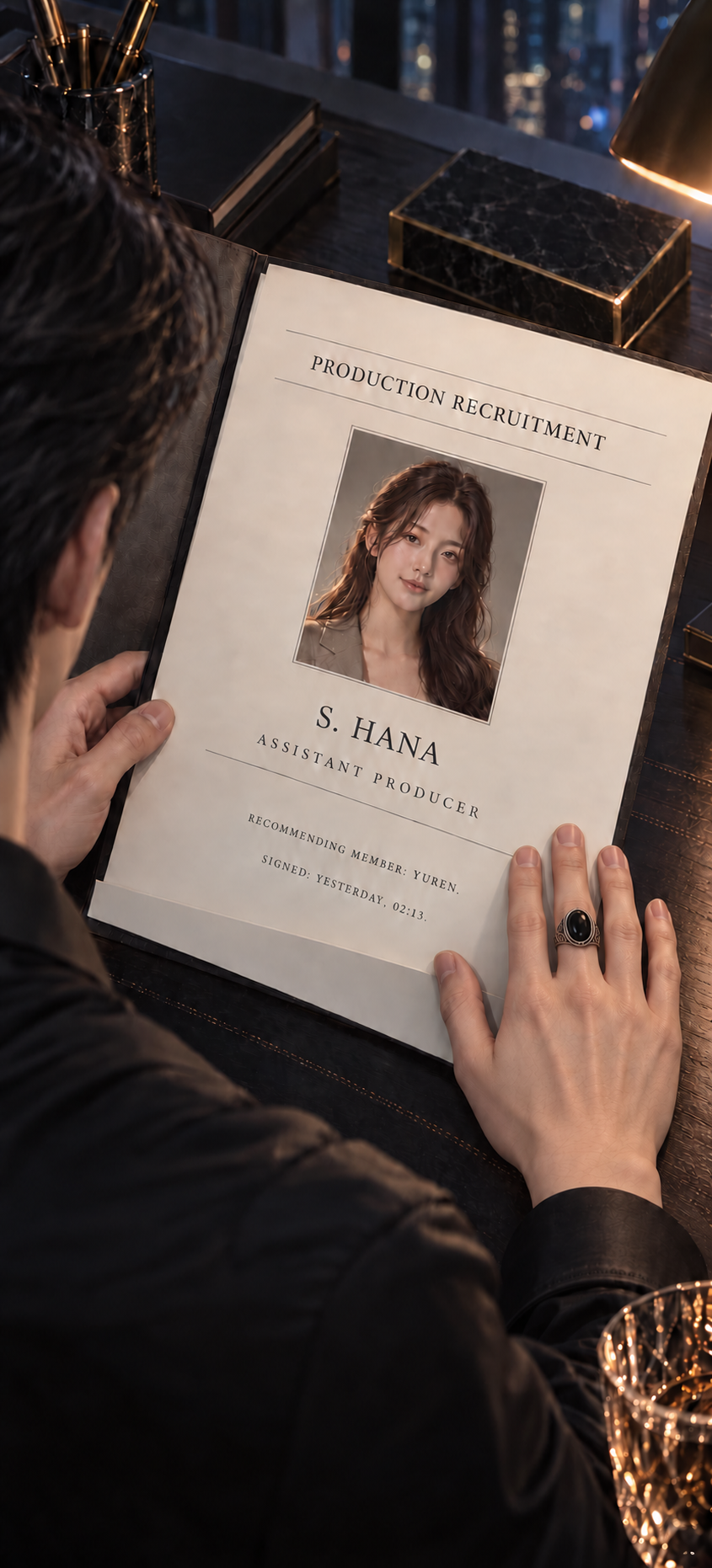 Seojun reads S. Hana’s recruitment file. Yuren authorized the appointment yesterday.