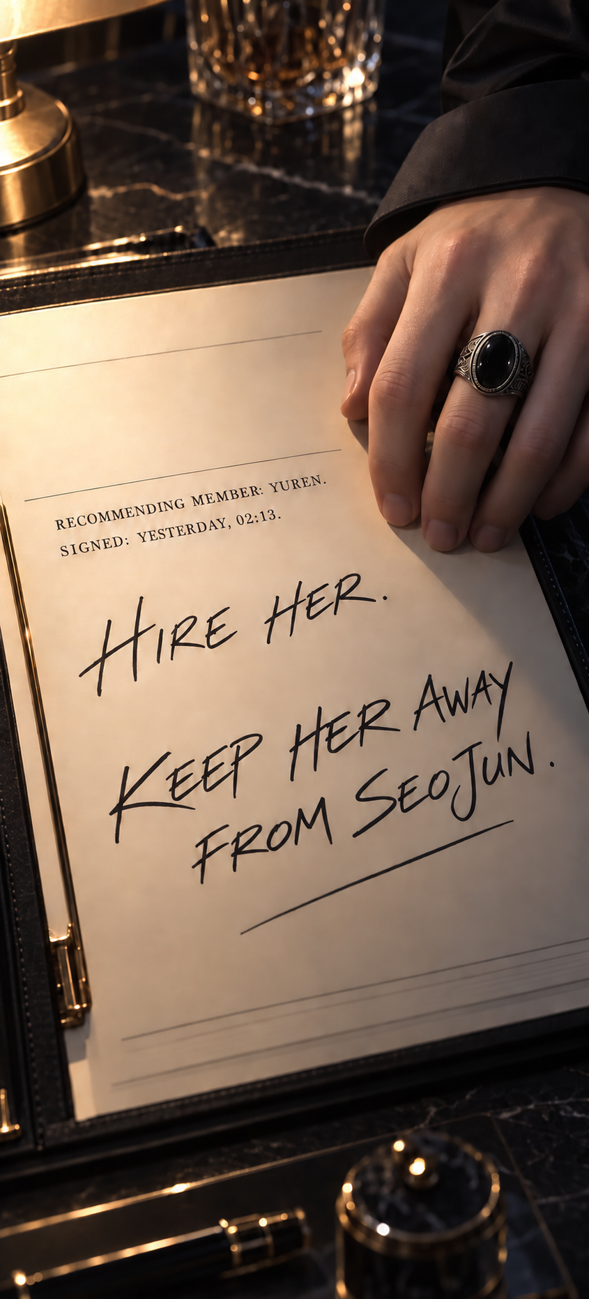 The handwritten instruction in the file reads: Hire her. Keep her away from Seojun.